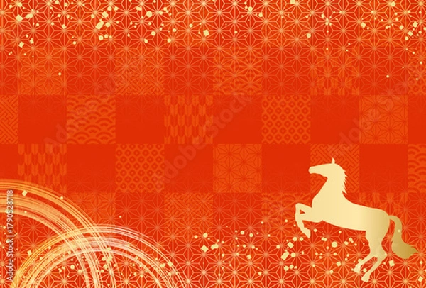 Obraz 2026年・午年　赤　金・高級感・和柄背景　年賀状　お正月