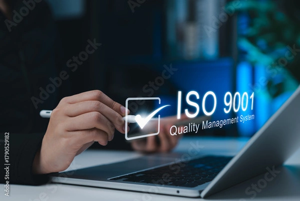 Fototapeta ISO 9001 Quality Management System Concept. Businessperson managing to ISO 9001 quality management system, representing certification standards, business excellence, ISO certified, standardization,