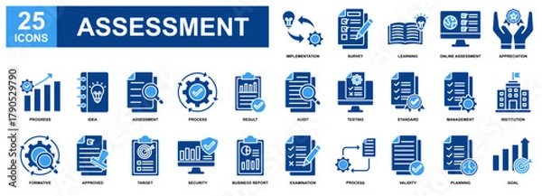 Obraz Assessment icon set collection. Containing design Implementation, Online Assessment, Approved, Learning, Examination