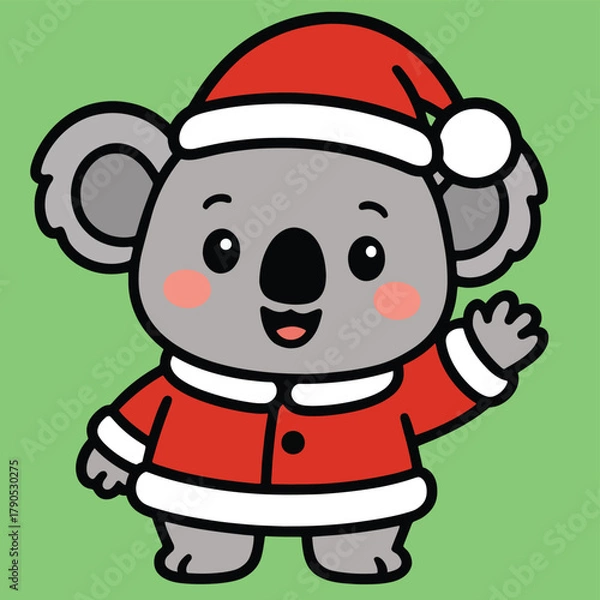 Obraz Cute cartoon koala bear character wearing a festive santa claus hat and red suit, waving hello, with a happy expression for holiday designs.
