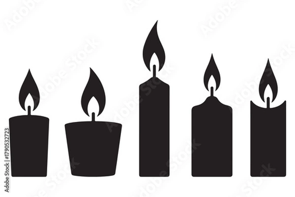 Fototapeta Candle group silhouette icon set with burning wax candles and flame light on white background illustration
