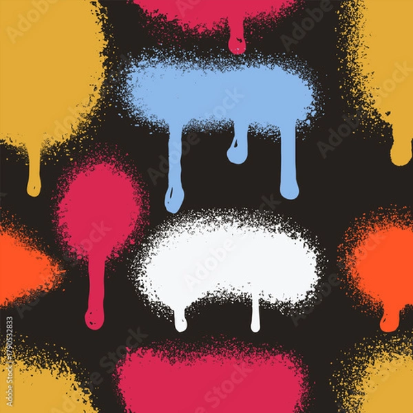Fototapeta Seamless pattern graffiti spray painted lines ink splatters. Collection seamless of painted spray elements. Grunge graffiti painted borders, shapes, dirty splatter vector street art strokes.