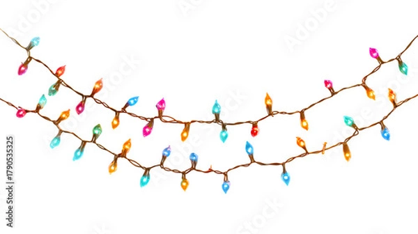 Obraz Festive multicolor Christmas string lights glowing softly isolated on white background