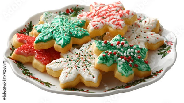 Fototapeta Festive plate of Christmas cookies with icing and sprinkles isolated on white background