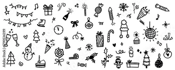 Fototapeta Cute christmas doodle icon sketch set in simple minimalist style. Vector holiday ornamental winter illustration for decoration with snowflake, bunting, cap, gift boxes and lollipops.