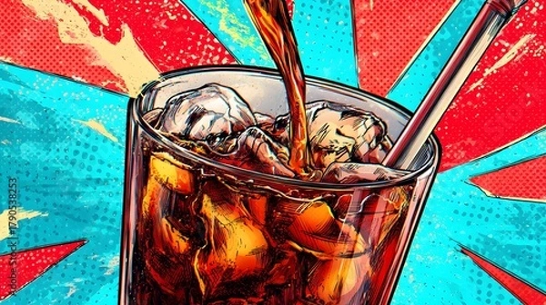 Fototapeta Intricate Retro Beverage Poster Featuring a Refreshing Glass of Cola in a Vivid Comic Pop Art Style