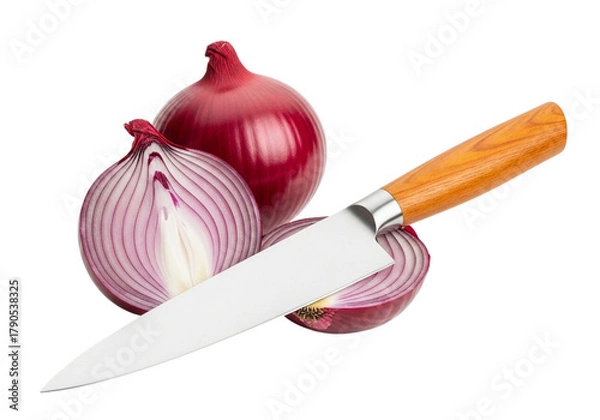 Obraz A sharp kitchen knife cutting a red onion