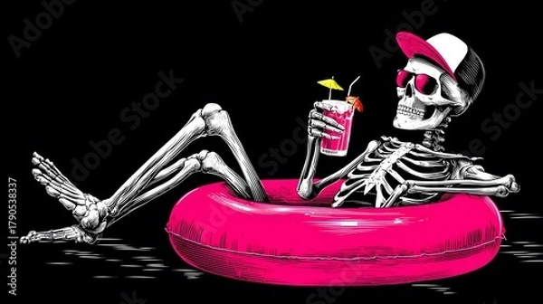 Obraz Stylish Skeleton in a Cap Relaxing with a Cocktail on a Black Swimring, Vector Art Masterpiece