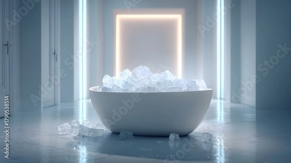 Fototapeta Surreal Minimalist White Bathtub Scene with Glowing Ice Cubes in an Ambient Bathroom