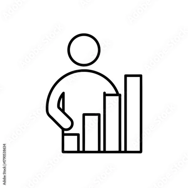 Obraz Person standing next to a rising bar graph outline on transparent background silhouette