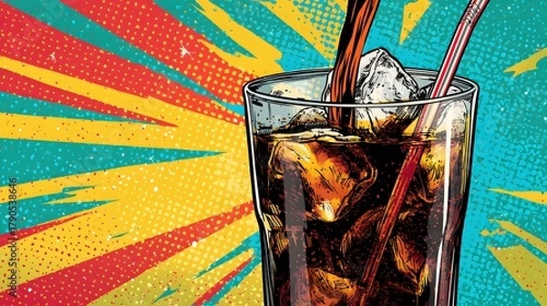 Obraz Intricate Retro Beverage Poster Featuring a Refreshing Glass of Cola in a Vivid Comic Pop Art Style