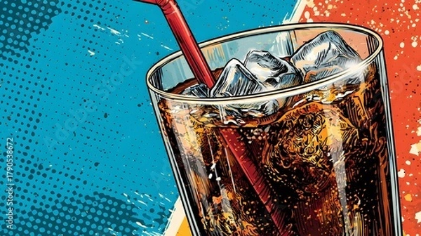Fototapeta Intricate Retro Beverage Poster Featuring a Refreshing Glass of Cola in a Vivid Comic Pop Art Style