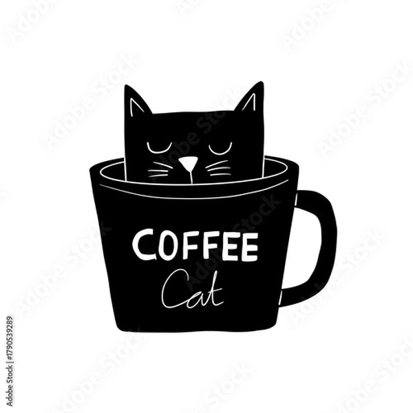 Obraz A minimalist black and white vector illustration of a cat inside a coffee cup