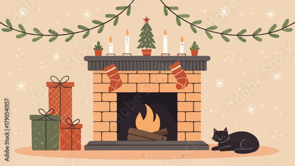 Fototapeta Christmas fireplace with stockings, presents, candles, christmas tree and a black cat lying nearby