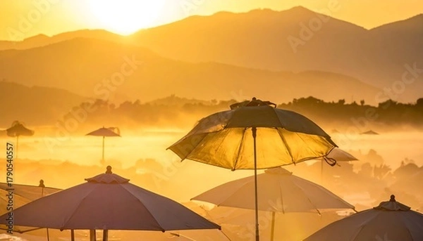 Fototapeta Dreamy beach scene with sunrise over misty mountains and white umbrellas, bathed in golden light