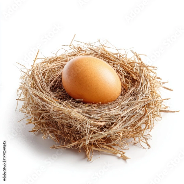 Fototapeta Brown egg in dry hay nest on white background with soft light