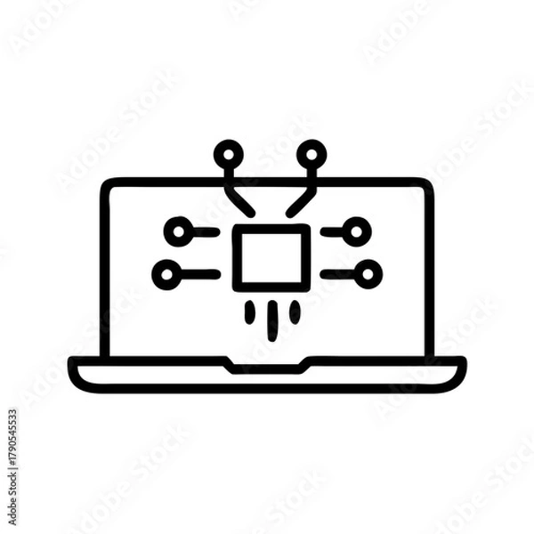 Fototapeta Laptop with AI connections illustrated, showcasing digital technology and innovation, representing modern computing and artificial intelligence concepts with copy space