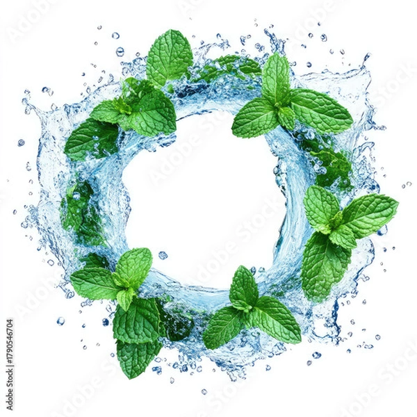 Fototapeta Fresh green mint leaves with water splash in circular frame