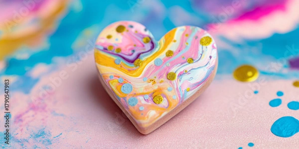Fototapeta A colorful heart shaped object with swirls and dots on a vibrant background with paint splatters