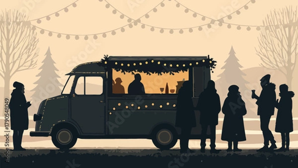Obraz People gather around a food truck decorated with lights in a winter scene with trees and snow ambience