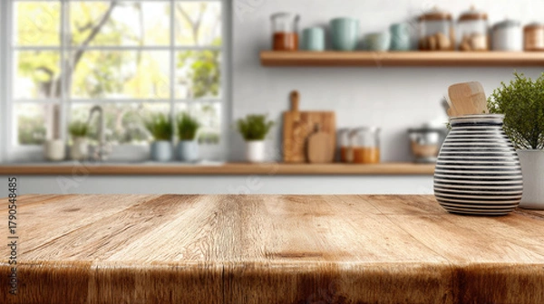 Fototapeta Empty wooden table top with smooth surface and natural texture on blurred modern kitchen background for product display design
