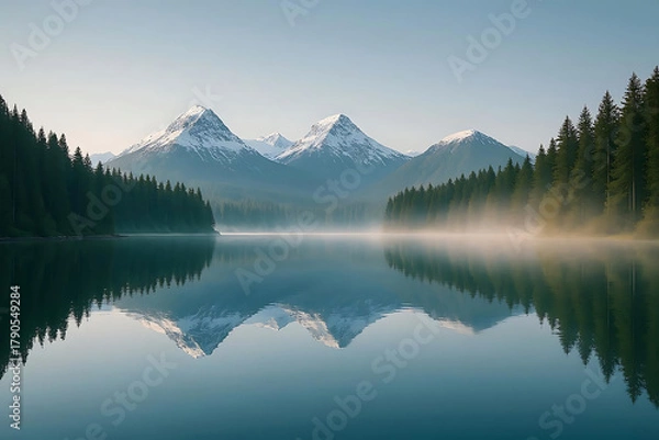 Fototapeta A serene and picturesque view of a mountain lake surrounded by misty forests and distant peaks. The calm water reflects the natural beauty of the landscape, evoking feelings of tranquility.