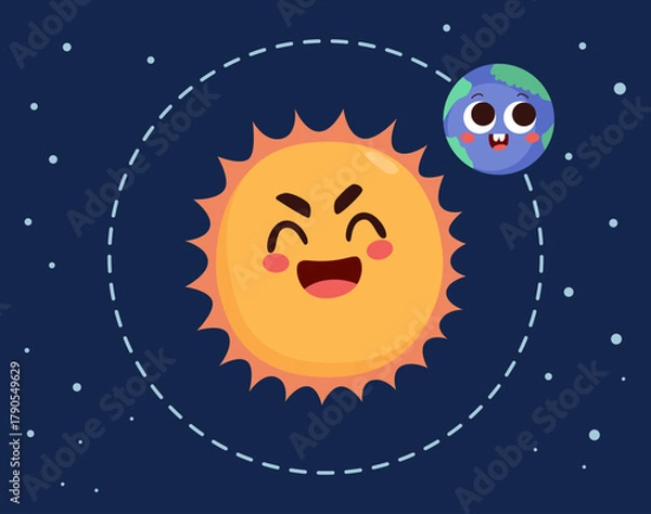 Fototapeta Cartoon vector illustration of a smiling Sun character with the Earth planet orbiting it on a space background. Drawing for science education, astronomy concepts, children’s books and creative design 