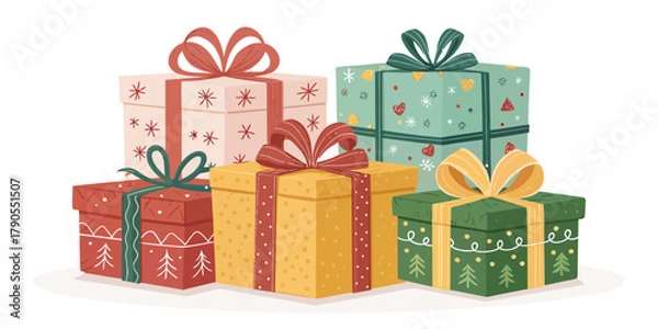 Fototapeta Vector illustration of christmas  illustration of a stack of christmas presents with bows and ribbons