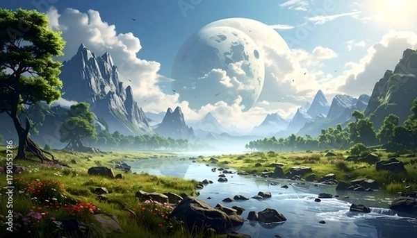 Fototapeta Dreamy, serene landscape with a vast sky, reflective river, mountains, and lush greenery fills the panorama