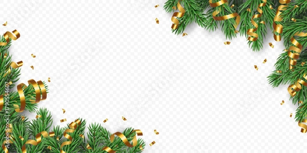 Fototapeta Vector frame with realistic pine tree branches, golden confetti and ribbons isolated on a transparent background. Holiday Christmas tree border garland for winter decoration banner, poster, greeting 