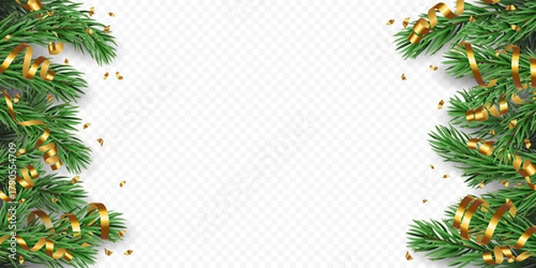 Fototapeta Vector frame with realistic pine tree branches, golden confetti and ribbons isolated on a transparent background. Holiday Christmas tree border garland for winter decoration banner, poster, greeting c