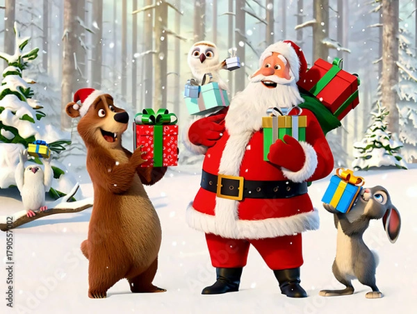 Fototapeta Santa Claus celebrates Christmas with forest animals in a snowy fairy forest, giving gifts and dancing near the Christmas tree.