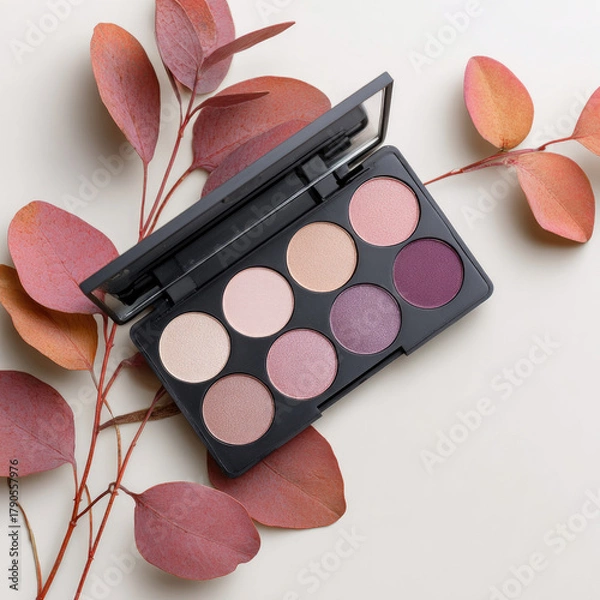 Fototapeta Makeup palette with shades of pink and purple placed on red leaves