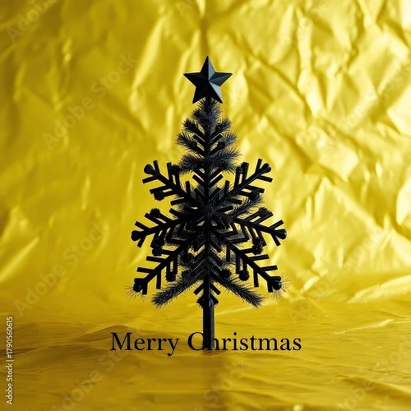 Fototapeta Striking Black Christmas Tree on Vibrant Crumpled Gold Background. Modern Luxury Holiday Greeting Card_7