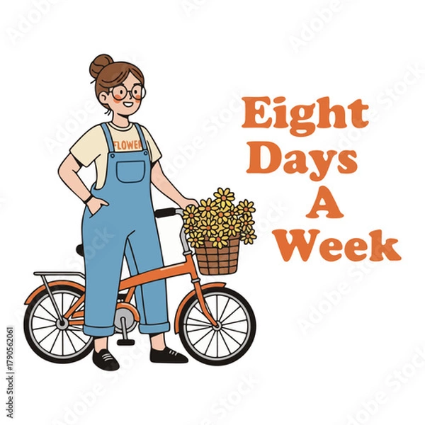Fototapeta Cartoon woman in overalls and glasses stands with her bicycle, its basket filled with sunflowers, representing a happy, active, and bright daily spirit