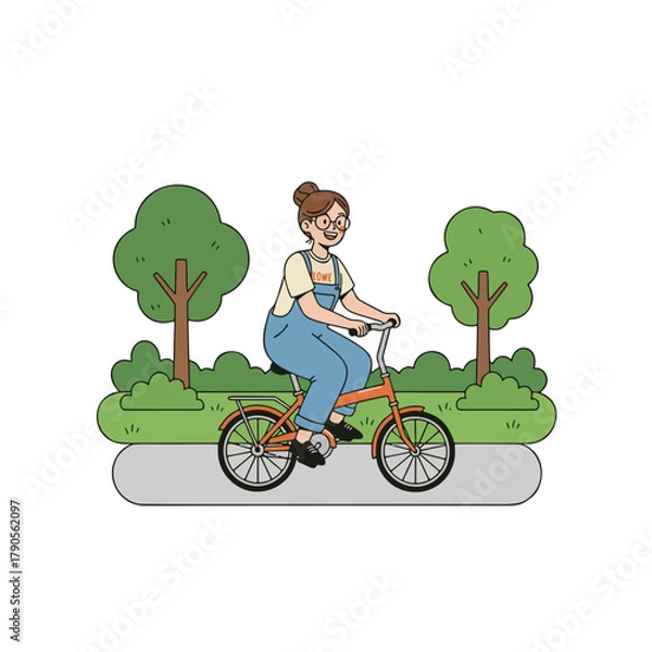 Fototapeta Illustration of a cheerful woman cycling along a scenic park path, embodying the joy of outdoor activities and an active, healthy lifestyle