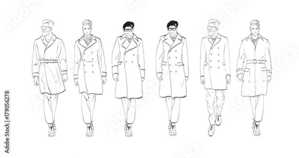 Fototapeta Fashion man. Set of fashionable men's sketches on a white background. Autumn men.