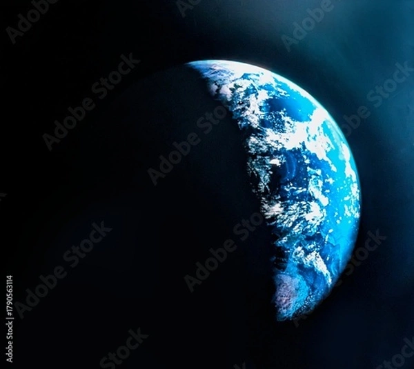 Obraz 宇宙の闇に浮かぶ地球 青い海と白い雲、影に覆われた半球のクローズアップ