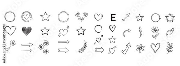 Obraz Minimalist Hand-Drawn Line Art Icon Set – Heart, Star, Moon, Sun, Flower, Leaf, and More Vector Symbols