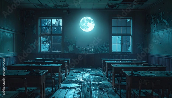 Obraz 月明かりが差し込む荒れた無人教室の不穏ホラー背景
– Empty Classroom with Overturned Desks and Moonlight Through Cracked Windows