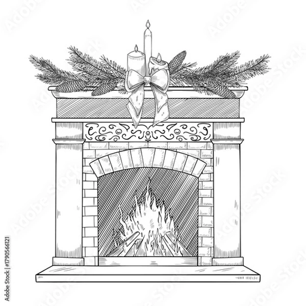 Fototapeta Vector illustration of a Christmas fireplace with burning fire, candles and pine branches. Linear drawing of cozy interior element for holiday Xmas greeting cards or New Year party invitations.