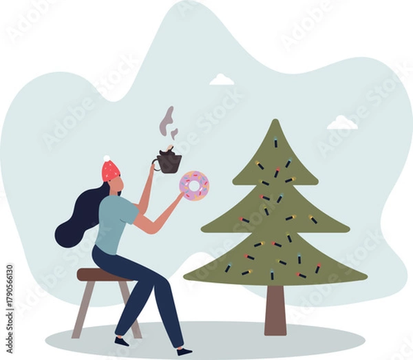 Fototapeta A woman drinks coffee and eats a donut with cream. Garlands on a Christmas tree.