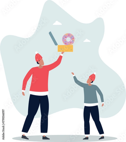 Fototapeta A father gives his son a delicious donut in a festive package.