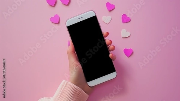 Obraz Mockup of smartphone with blank screen on pink background and decorative hearts, perfect for Valentine’s Day and love app design.