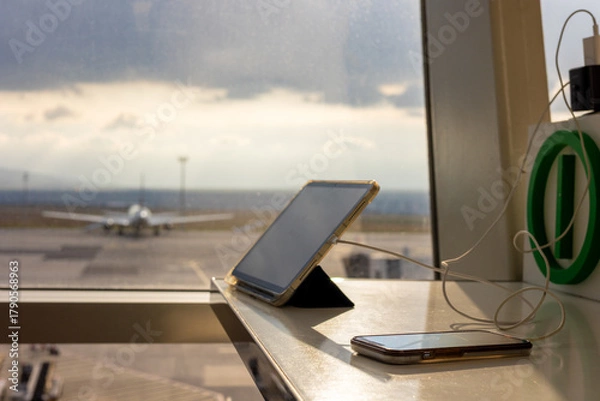 Fototapeta Selective focus on a tablet and smartphone charging by a sunlit airport window. In the blurred background, an airplane on the runway signifies travel, remote work, and the modern connectivity.