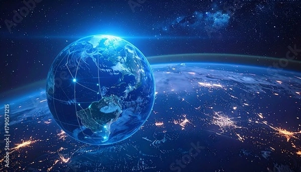 Obraz Digital globe floats over a blurred earth with city lights, connected by a glowing grid, against a cosmic background