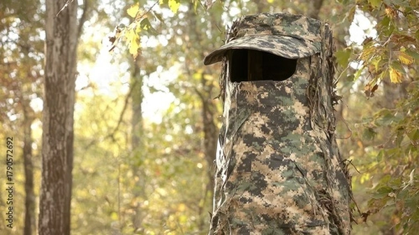 Obraz Camouflaged hunting observation blind in a woodland setting