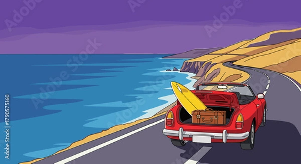 Fototapeta A red convertible with a suitcase and a surfboard drives along a coastal road, for travel agencies, travel blogs