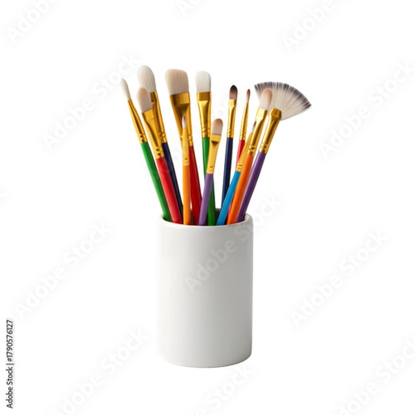 Obraz Assorted Art Brushes in White Ceramic Holder Studio Lighting Against Black Background