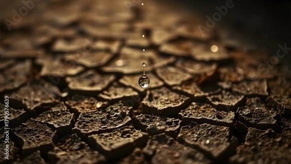 Fototapeta Single Drop of Water Falling on Cracked Earth – Symbol of Drought and Hope.